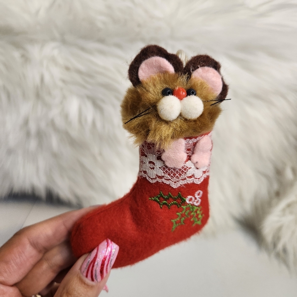 Vintage Fabric Christmas Tree Ornament Lot Mouse Cat Mice Kitsch 1980s Farmhouse - Picture 4 of 9